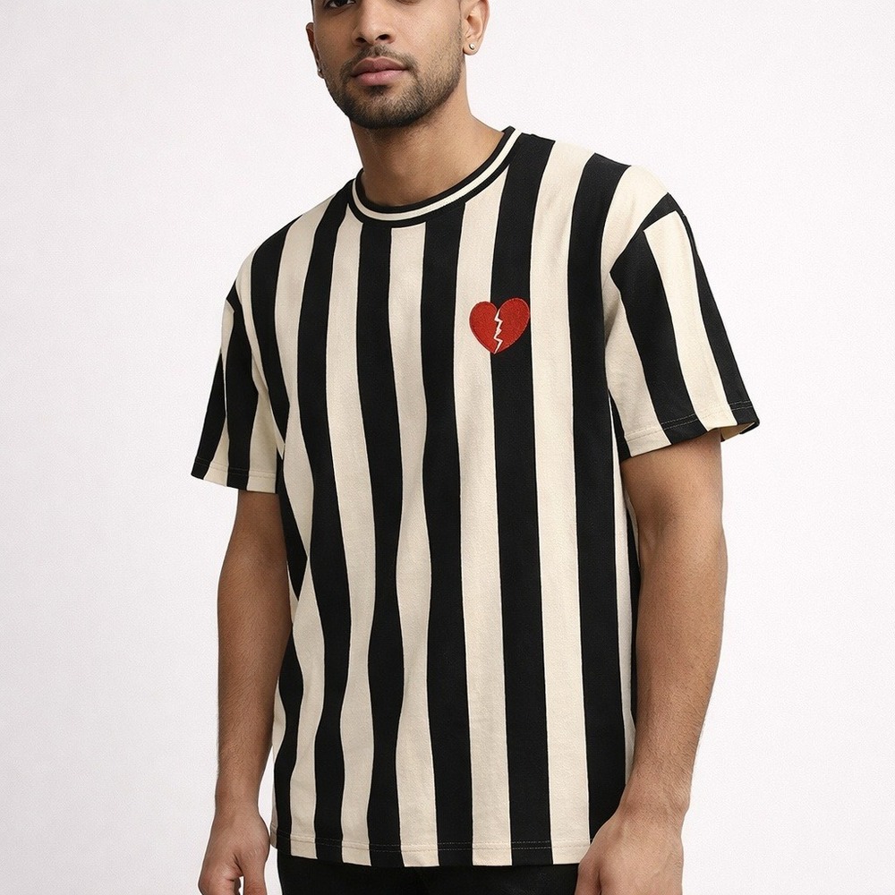 Ricky Singh T-Shirt Vertical Stripe Broken Heart Embroidery Streetwear Men XL